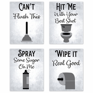 80's Music Songs Bathroom Grey Collection Wall Art Prints - Set of 4