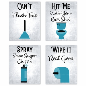 80's Music Songs Bathroom Turquoise Collection Wall Art Prints - Set of 4