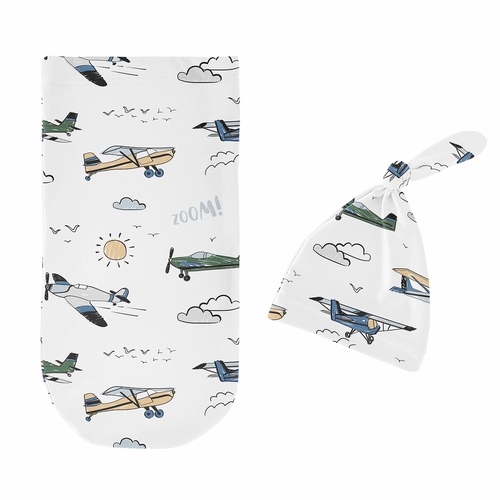 Airplane Green and Blue Collection Baby Cocoon and Beanie Hat - 2 Piece Set - alt image 1