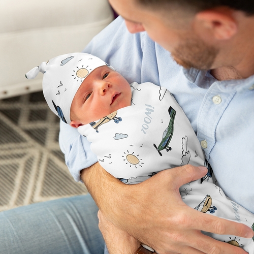 Airplane Green and Blue Collection Baby Cocoon and Beanie Hat - 2 Piece Set - alt image 2