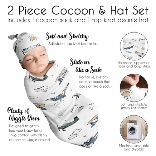 Airplane Green and Blue Collection Baby Cocoon and Beanie Hat - 2 Piece Set - alt image 5
