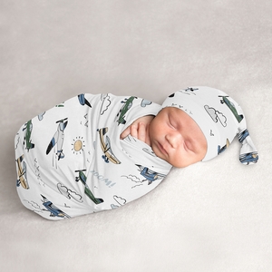 Airplane Green and Blue Collection Baby Cocoon and Beanie Hat - 2 Piece Set