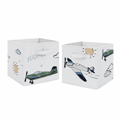 Airplane Green and Blue Collection Foldable Fabric Storage Bins