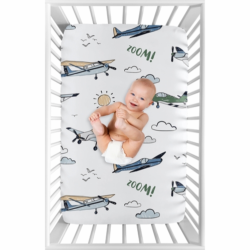 Airplane Green and Blue Collection Mini Crib Sheet - alt image 2