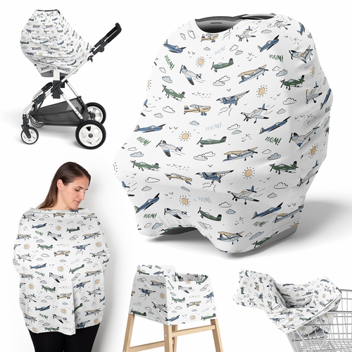 Airplane Green and Blue Collection Multi Use Baby Car Seat and Nursing Cover