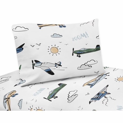 Airplane Green and Blue Collection Twin Sheet Set