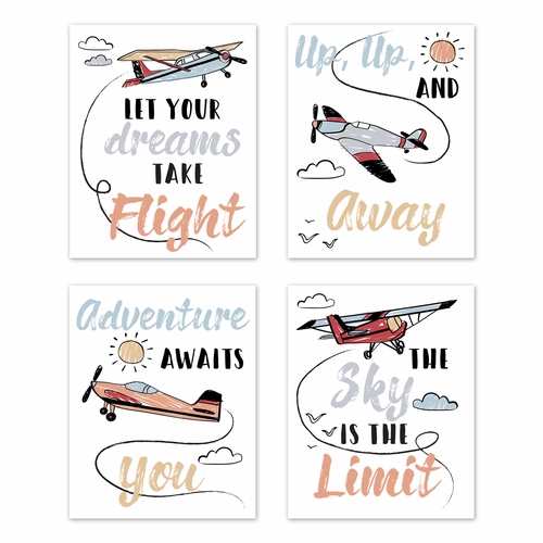 Airplane Red and Blue Collection Wall Art Prints - Set of 4
