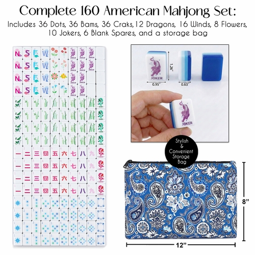 American Mahjong Tile Set (160pc) 1.25in. Layered Acrylic with Paisley Travel Bag - Luxury Blue - alt image 1