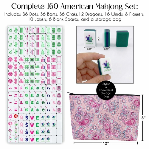 American Mahjong Tile Set (160pc) 1.25in. Layered Acrylic with Paisley Travel Bag - Luxury Green & Pink - alt image 1