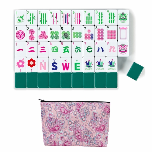 American Mahjong Tile Set (160pc) 1.25in. Layered Acrylic with Paisley Travel Bag - Luxury Green & Pink