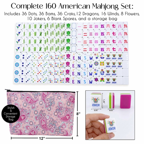 American Mahjong Tile Set (160pc) 1.25in. Layered Acrylic with Paisley Travel Bag - Luxury Pink - alt image 1
