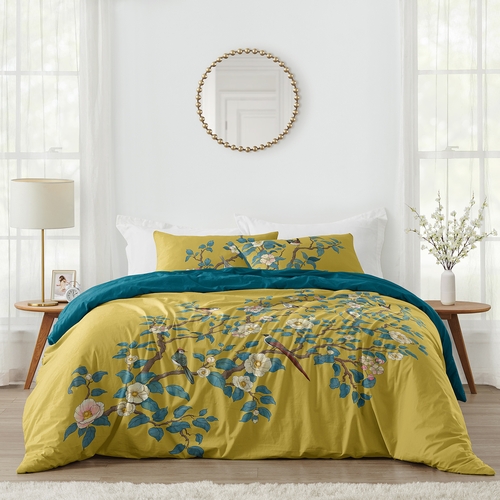 Blue and Yellow Floral Bird Blossom Collection Queen Duvet Cover Bedding Set