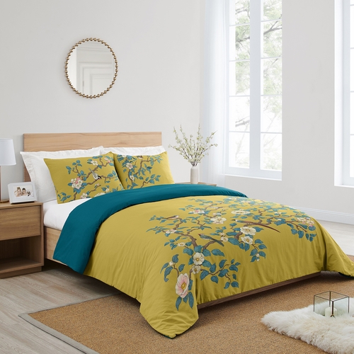 Blue and Yellow Floral Bird Blossom Collection Queen Duvet Cover Bedding Set - alt image 1
