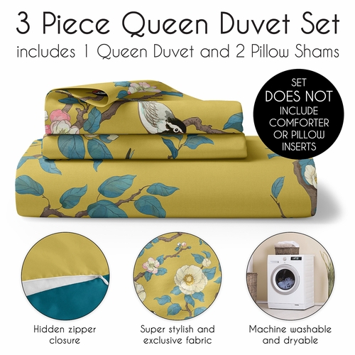 Blue and Yellow Floral Bird Blossom Collection Queen Duvet Cover Bedding Set - alt image 2