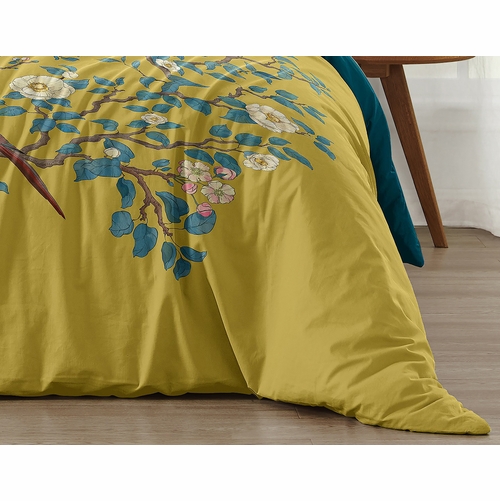 Blue and Yellow Floral Bird Blossom Collection Queen Duvet Cover Bedding Set - alt image 5