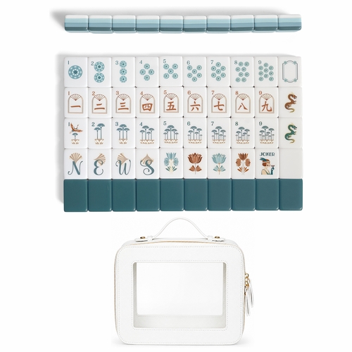 Blue Art Deco Collection American Mahjong Tile Set (160pc) 1.26in. Layered Acrylic with White Faux Leather Travel Bag