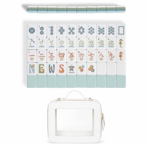 Blue Coastal Paradise Collection American Mahjong Tile Set (160pc) 1.26in. Layered Acrylic with White Faux Leather Travel Bag