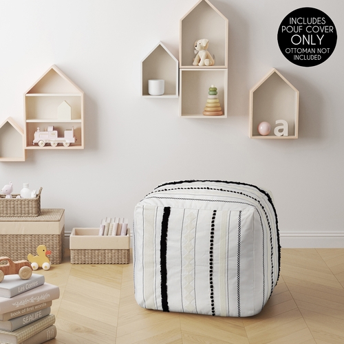 Boho Black and White Geometric Striped Lines Collection Ottoman Pouf Cover - alt image 1