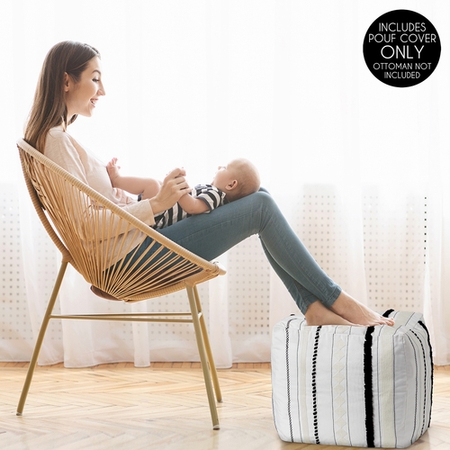 Boho Black and White Geometric Striped Lines Collection Ottoman Pouf Cover - alt image 2