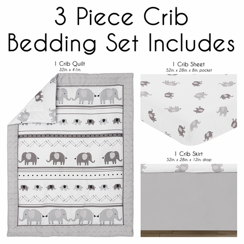 Boho Elephant Grey and White Collection 3 Piece Crib Bedding - alt image 1