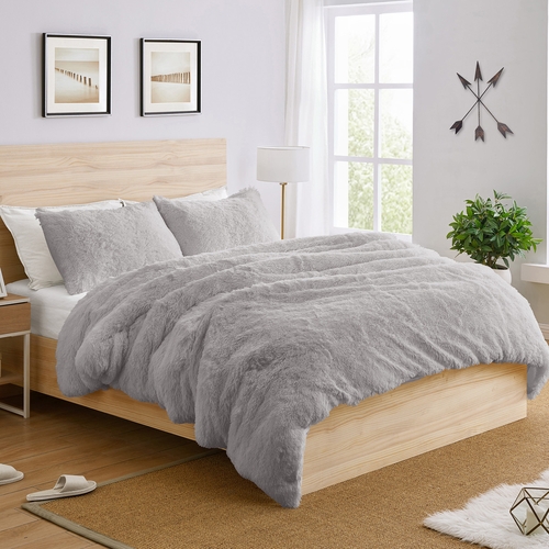 Boho Faux Fur Grey Collection Queen Duvet Cover Bedding Set