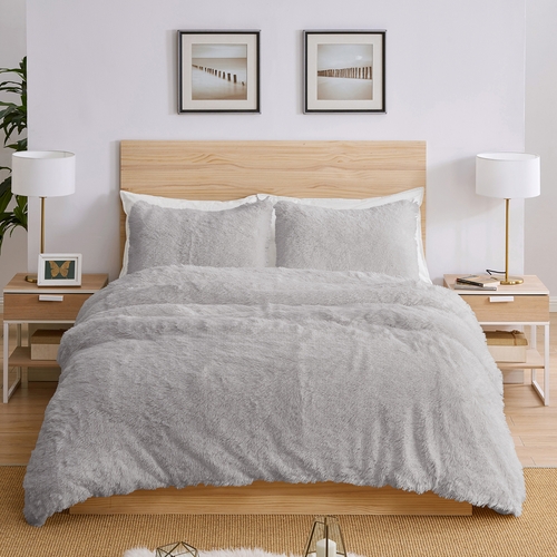 Boho Faux Fur Grey Collection Queen Duvet Cover Bedding Set - alt image 1