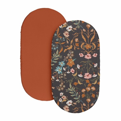 Boho Floral Wildflower Black and Orange Collection 2 Pack Baby Bassinet Fitted Sheets - alt image 1