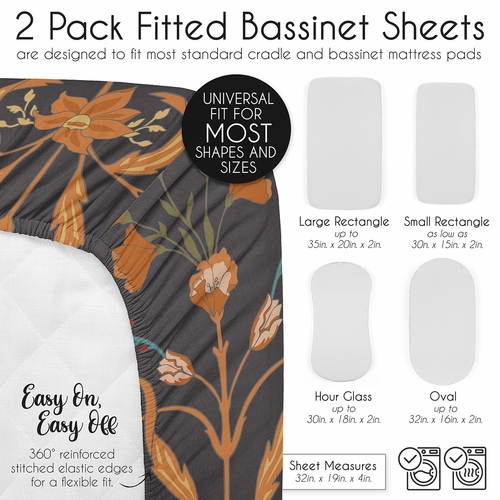 Boho Floral Wildflower Black and Orange Collection 2 Pack Baby Bassinet Fitted Sheets - alt image 5