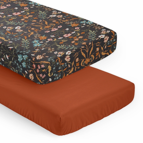 Boho Floral Wildflower Black and Orange Collection 2 Pack Crib Sheets