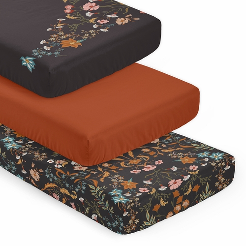 Boho Floral Wildflower Black and Orange Collection 3 Pack Crib Sheets