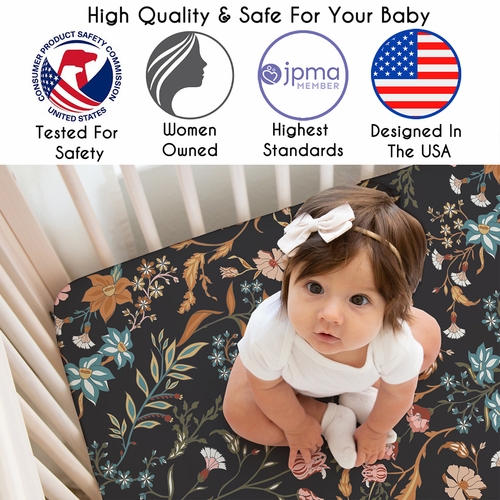 Boho Floral Wildflower Black and Orange Collection 3 Pack Crib Sheets - alt image 1