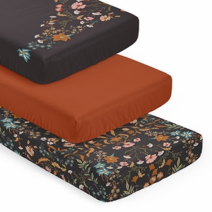 Boho Floral Wildflower Black and Orange Collection 3 Pack Crib Sheets