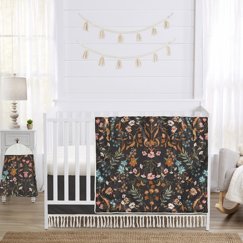 Boho Floral Wildflower Black and Orange Collection 4 Piece Crib Bedding
