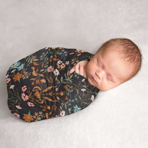 Boho Floral Wildflower Black and Orange Collection Baby Swaddle Blanket