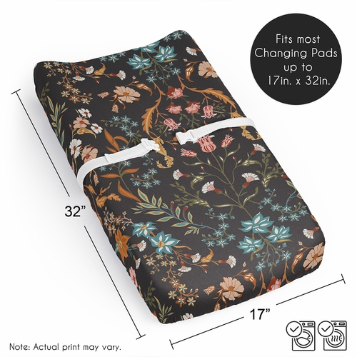 Boho Floral Wildflower Black and Orange Collection Changing Pad Cover Sheet - alt image 5