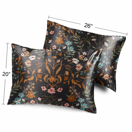 Boho Floral Wildflower Black and Orange Collection Decorative Satin Pillowcases - 2 Pack Set - alt image 3