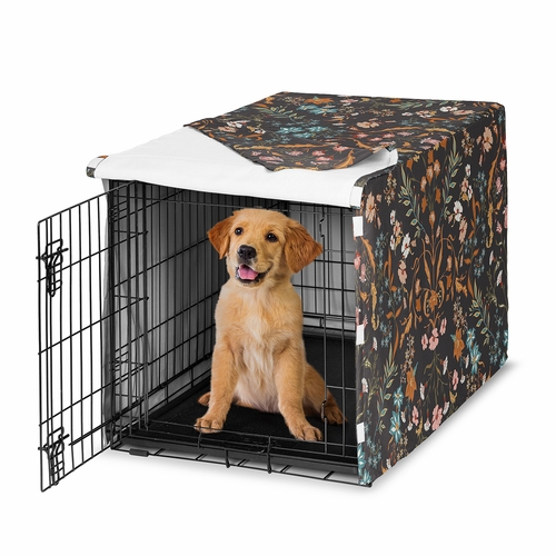 Boho Floral Wildflower Black and Orange Collection Dog Crate Kennel Cover 36in.