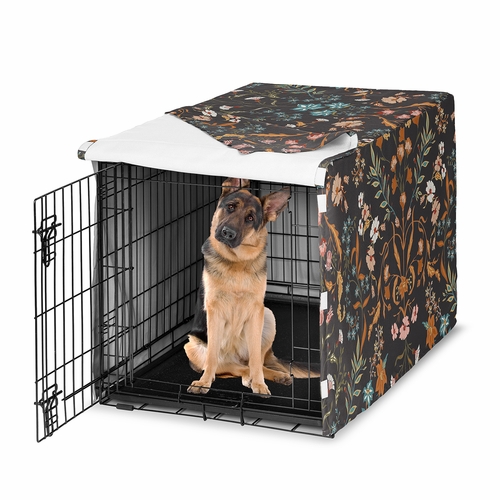 Boho Floral Wildflower Black and Orange Collection Dog Crate Kennel Cover 48in.