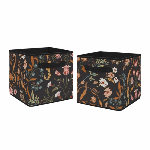 Boho Floral Wildflower Black and Orange Collection Foldable Fabric Storage Bins