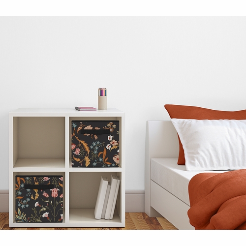 Boho Floral Wildflower Black and Orange Collection Foldable Fabric Storage Bins - alt image 1