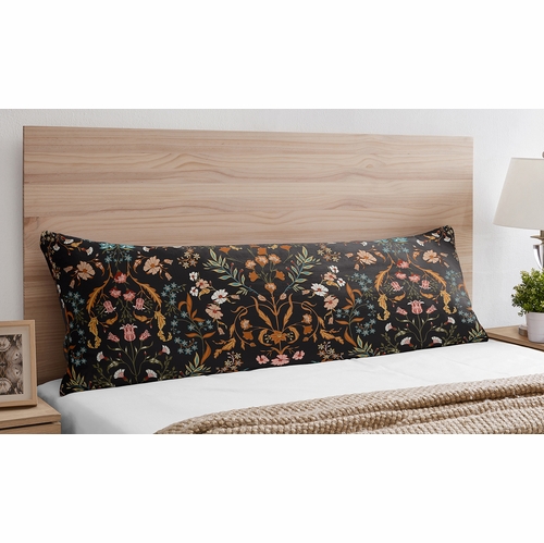 Boho Floral Wildflower Black and Orange Collection Full Length Body Pillow Cover - alt image 2