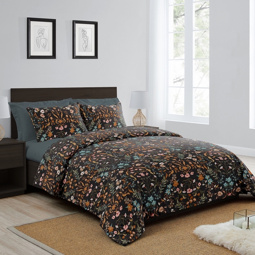 Boho Floral Wildflower Black and Orange Collection King Duvet Cover Bedding Set - alt image 1