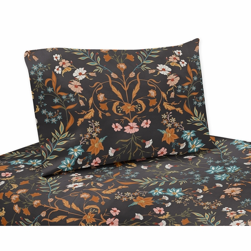 Boho Floral Wildflower Black and Orange Collection King Sheet Set