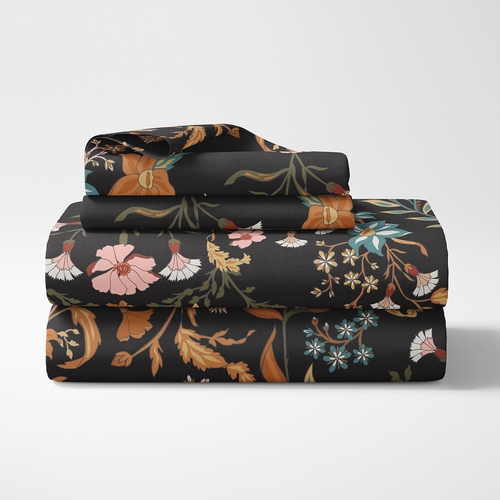 Boho Floral Wildflower Black and Orange Collection King Sheet Set - alt image 1