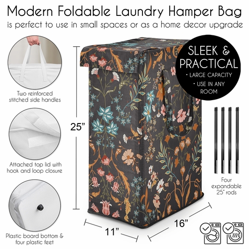 Boho Floral Wildflower Black and Orange Collection Laundry Hamper with Handles - alt image 4