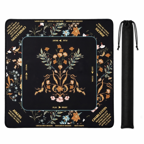 Boho Floral Wildflower Black and Orange Collection Mahjong Mat for Table with Rules - Shipped Rolled