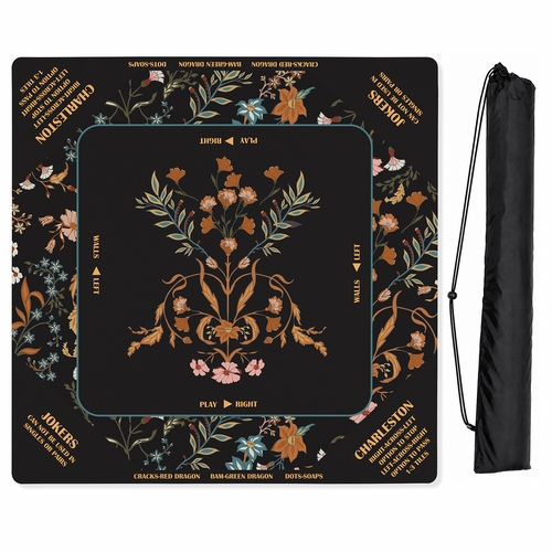 Boho Floral Wildflower Black and Orange Collection Mahjong Mat for Table with Rules - Shipped Rolled