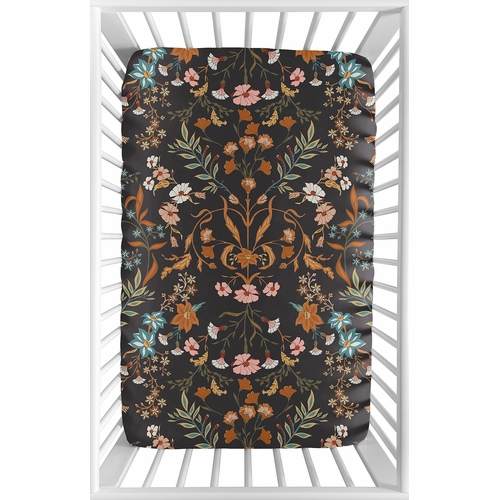Boho Floral Wildflower Black and Orange Collection Mini Crib Sheet