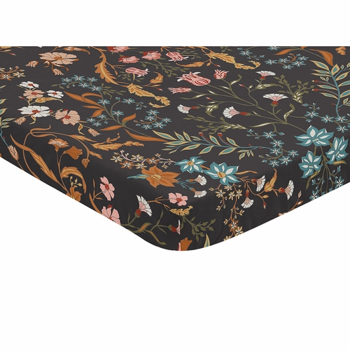 Boho Floral Wildflower Black and Orange Collection Mini Crib Sheet - alt image 1