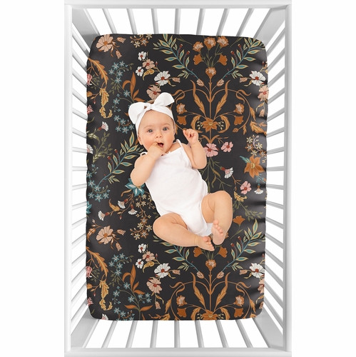 Boho Floral Wildflower Black and Orange Collection Mini Crib Sheet - alt image 2
